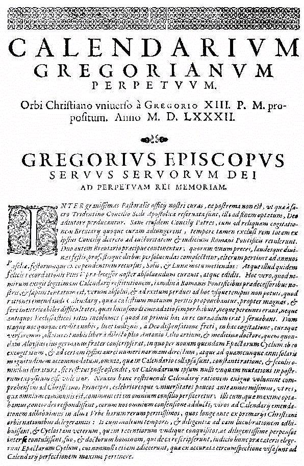 First page of the papal bull Inter gravissimas (1582)